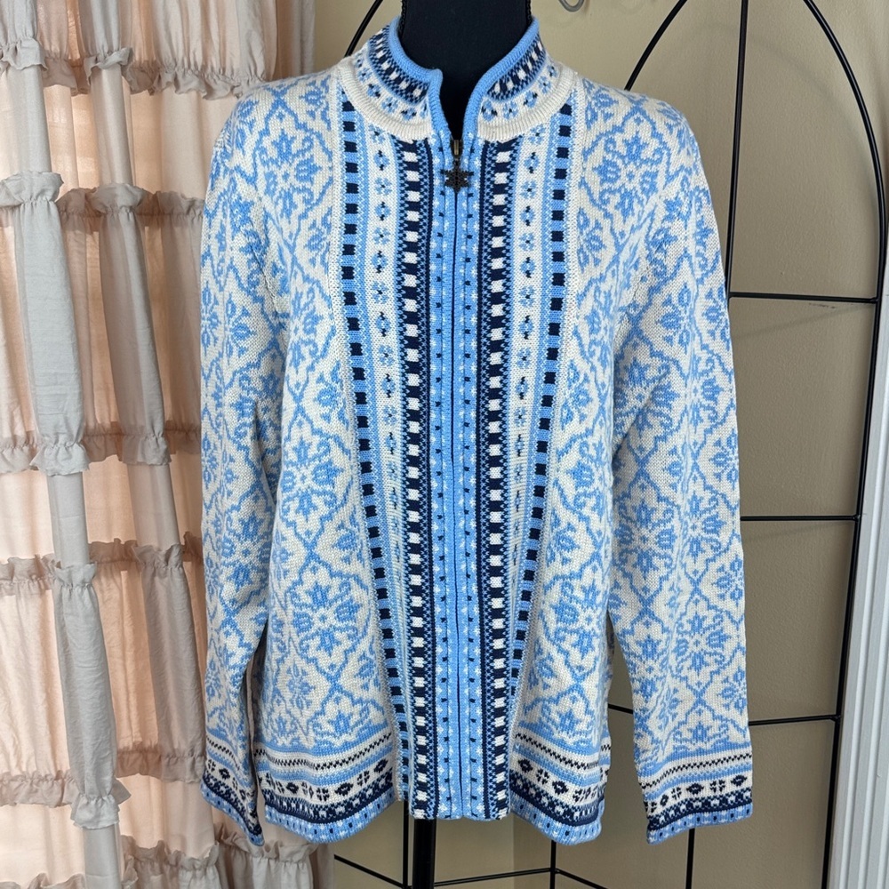 Appleseed's Innsbruck Blue and White Zip-Front Cardigan Sweater Size XL  Vintage